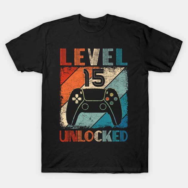 Vintage Level 15 Unlocked Video Gamer 15th Birthday T-Shirt by carpenterfry